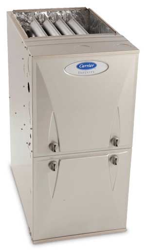 The Infinity series furnace by Carrier is hybrid heat compatible and offers ComfortHeat, ComfortFan and SmartEvap technologies. There is a 10-year parts limited warranty.