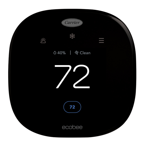 Modern Carrier smart thermostat with touchscreen display showing energy efficiency and temperature control