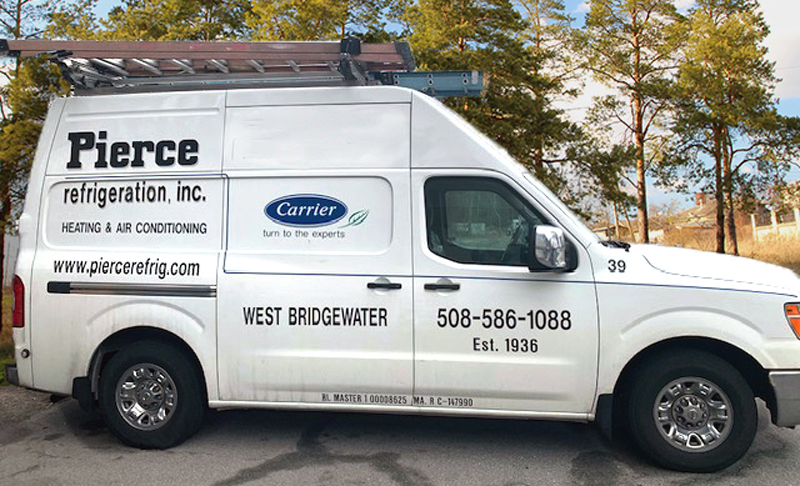 Pierce Refrigeration HVAC service van displaying company branding Carrier partnership and West Bridgewater Massachusetts location established 1936